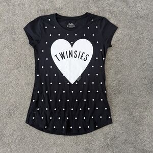 Justice Girls' Black and White Polka Dot T-Shirt with "TWINSIES" Heart Graphic